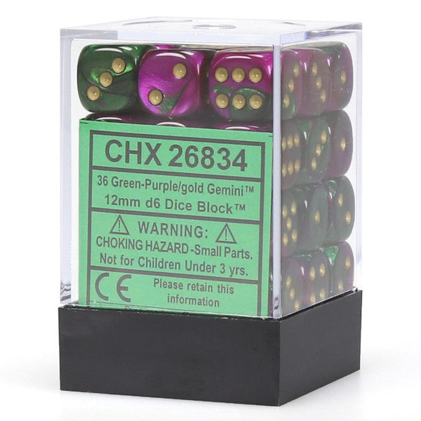 Chessex Manufacturing D6 Cube 12mm Gemini Green Purple Gold Pips Small Main image
