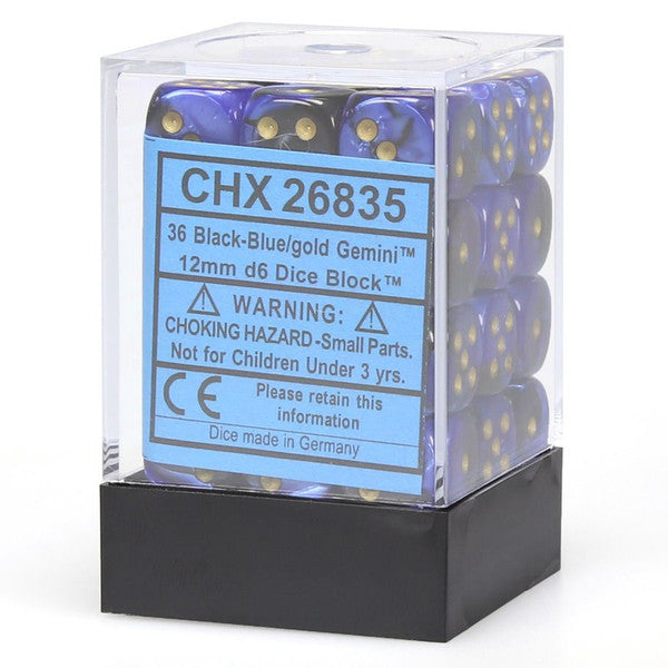Chessex Manufacturing D6 Cube 12mm Gemini Black Blue Gold Pips Dice Set