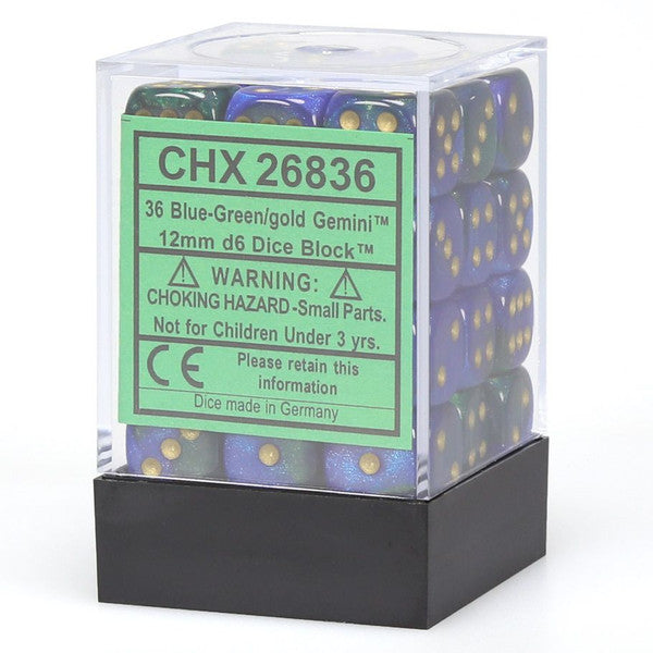 Chessex Manufacturing D6 Cube 12mm Gemini Blue Green Gold Pips Various Main image