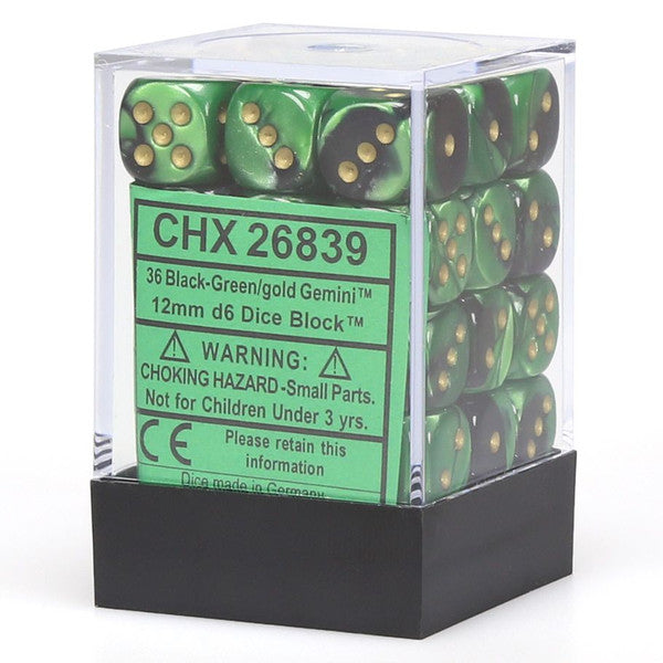 Chessex Manufacturing D6 Cube 12mm Gemini Black Green Gold Pips Chx26839