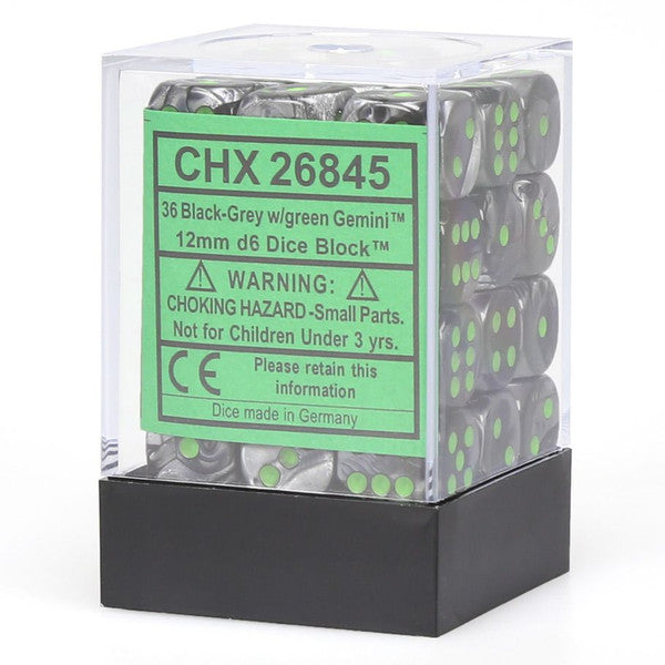 Chessex Manufacturing D6 Cube 12mm Gemini Black Grey Green Pips Set