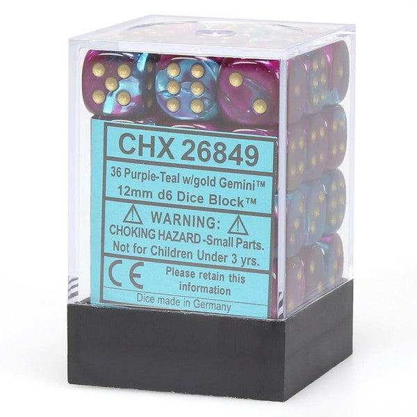 Chessex Manufacturing D6 Cube 12mm Gemini Purple Teal Gold Pips Dice Main image