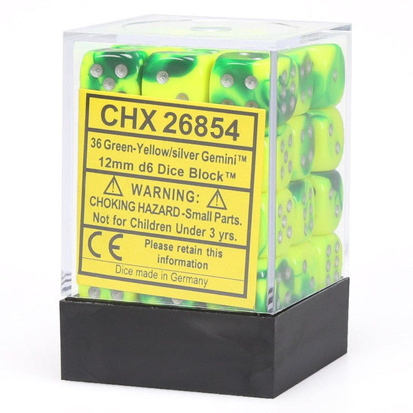 Chessex Manufacturing D6 Cube Gemini Green Yellow Silver 36 Dice Set