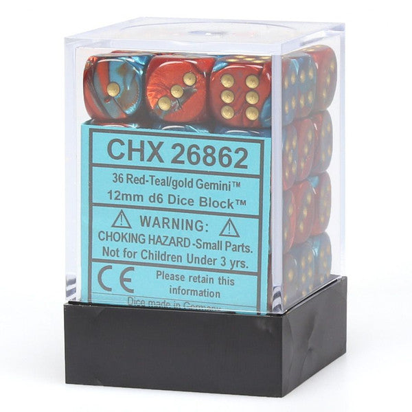 Chessex Manufacturing D6 Cube Gemini Red Teal Gold 36 Dice Set Chx26862