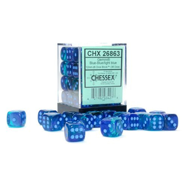 Chessex Manufacturing D6 Cube Gemini Luminary Blue Light Blue 36 Dice Set