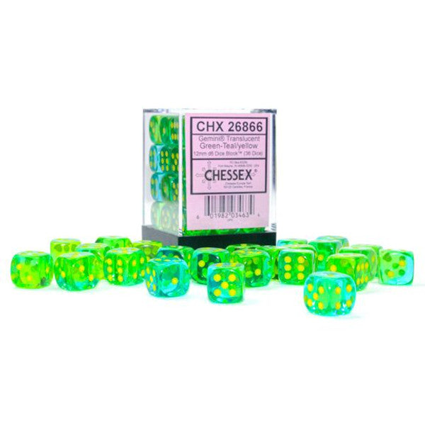 Chessex Manufacturing D6 Cube Gemini Translucent Green Teal Yellow 36 Dice Set