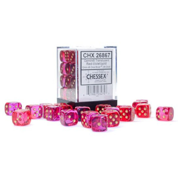 Chessex Manufacturing D6 Cube Gemini Translucent Red Violet Gold 36 Dice Set