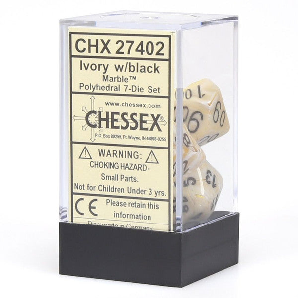Chessex Manufacturing 7-Set Cube Marble Ivory Black Numbers Main image