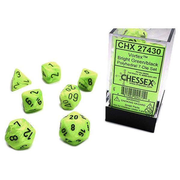 Chessex Manufacturing Black 7-Set Cube Vortex Bright Green Dice Main image