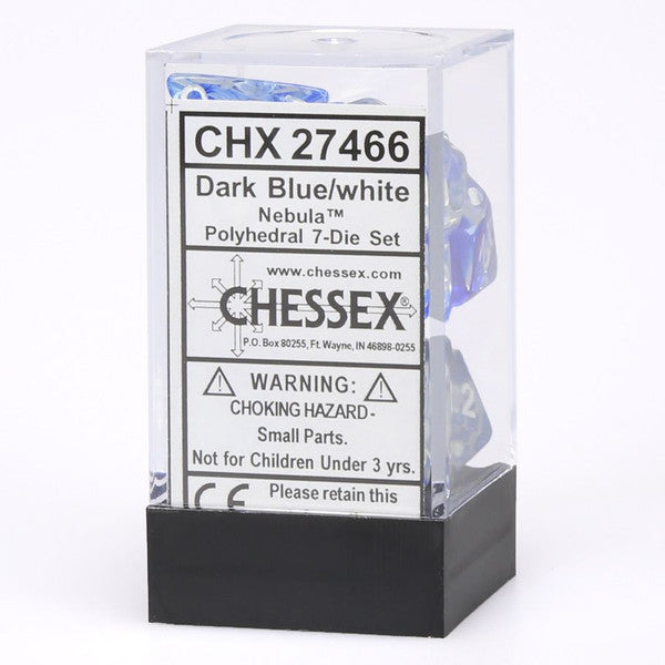 Chessex Manufacturing 7-Set Cube Nebula Dark Blue Dice White Numbers Main image