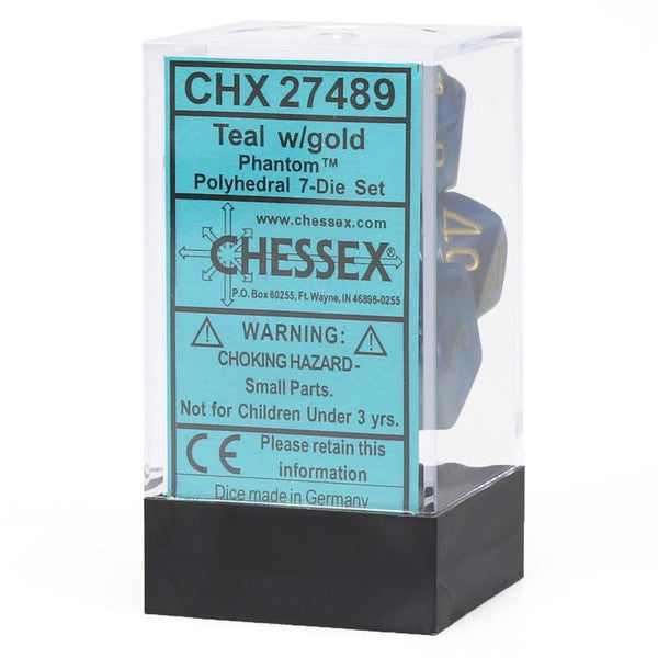 Chessex Manufacturing 7-Set Cube Phantom Teal Dice Gold Numbers