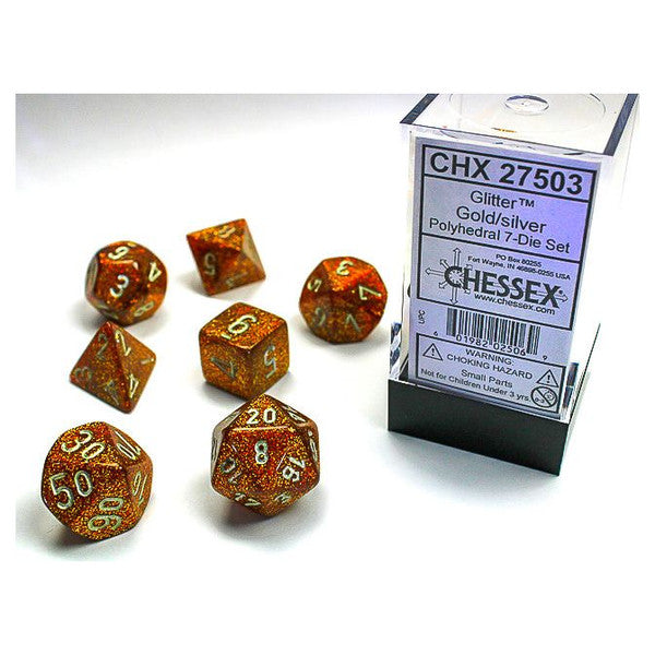 Chessex Manufacturing 7-Set Cube Glitter Gold Dice Silver Numbers