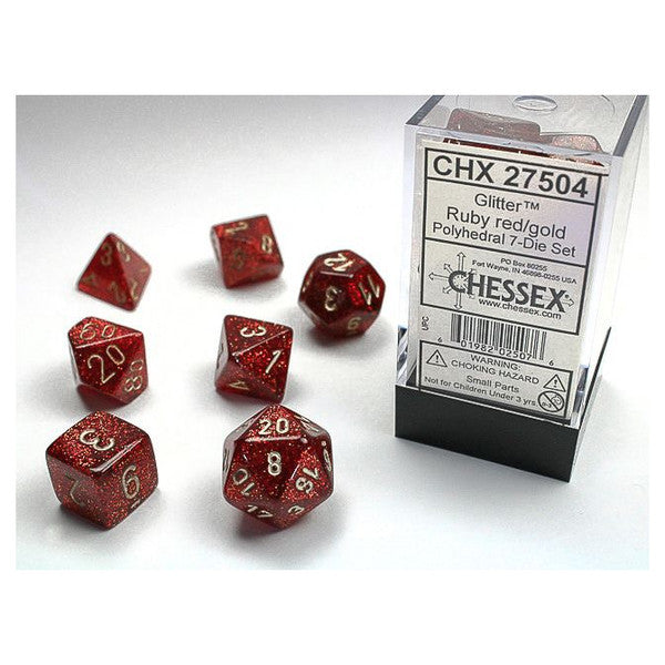 Chessex Manufacturing 7-Set Cube Glitter Ruby Dice Gold Numbers Main image