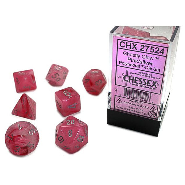 Chessex Manufacturing 7-Set Cube Ghostly Glow Pink Dice Silver Numbers