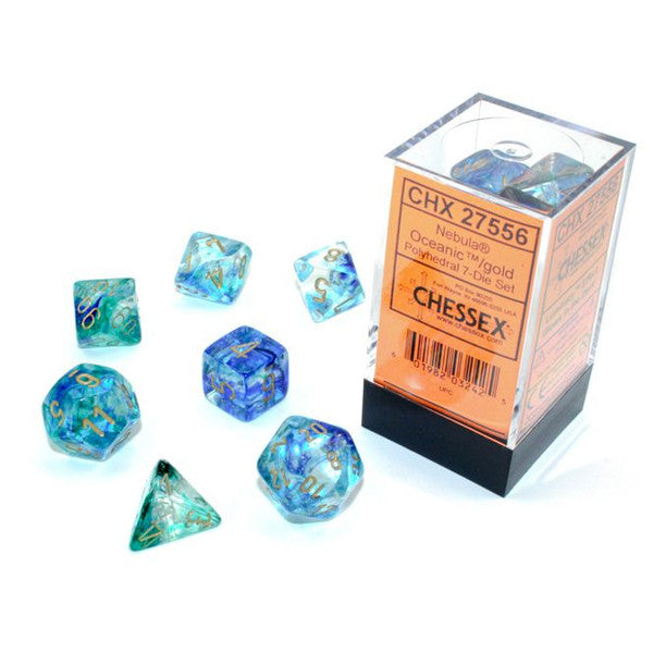 Chessex Manufacturing 7-Set Cube Luminary Nebula Oceanic Gold Numbers Dice