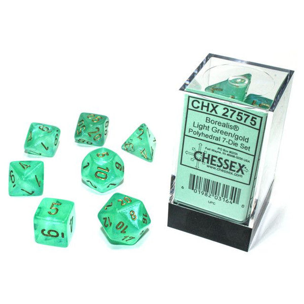 Chessex Manufacturing 7-Set Cube Borealis Luminary Light Green Gold Dice