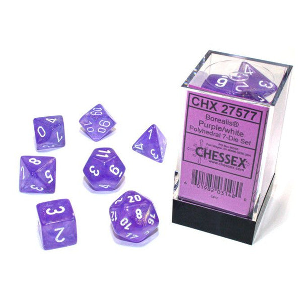 Chessex Manufacturing D4 Borealis Luminary Purple White Dice Set 7-Set