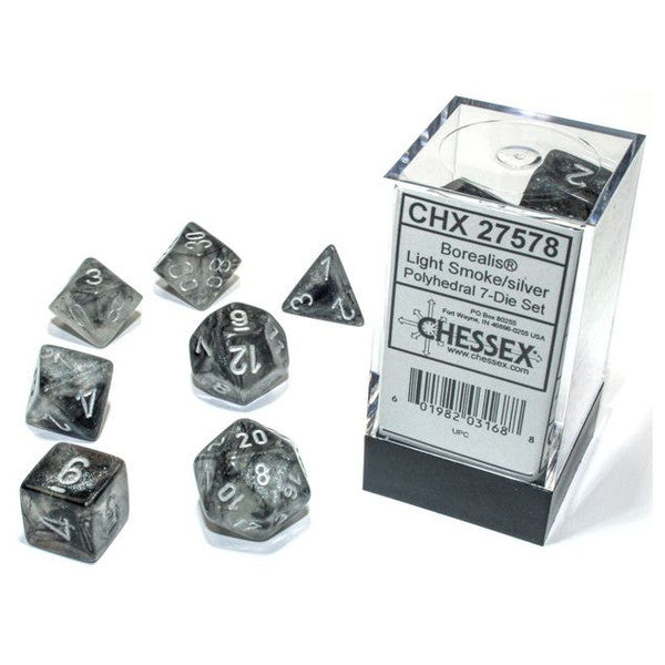 Chessex Manufacturing 7-Set Cube Borealis Luminary Light Smoke Silver Dice