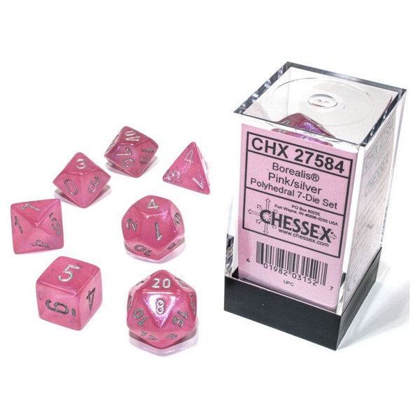 Chessex Manufacturing 7-Set Cube Borealis Luminary Pink Silver Dice Set