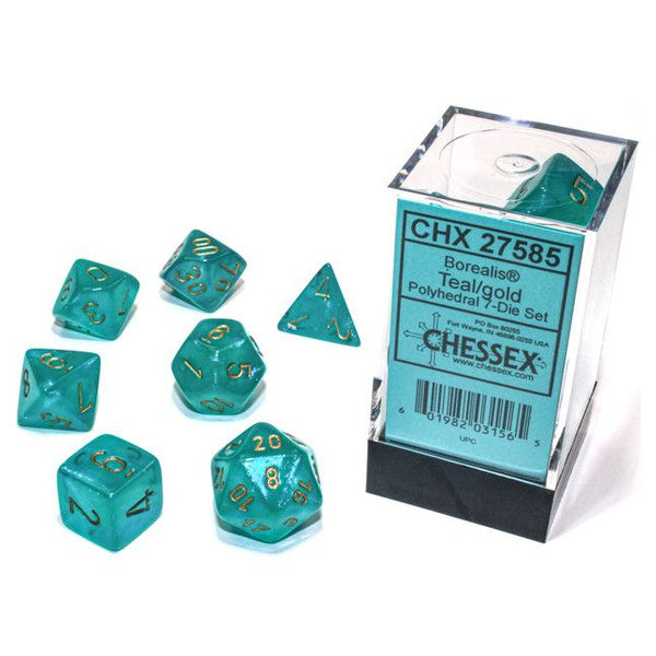 Chessex Manufacturing 7-Set Cube Borealis Luminary Teal Gold Dice Set Main image