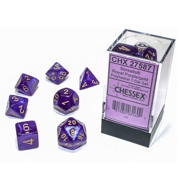 Chessex Manufacturing 7-Set Cube Borealis Luminary Royal Purple Gold Dice
