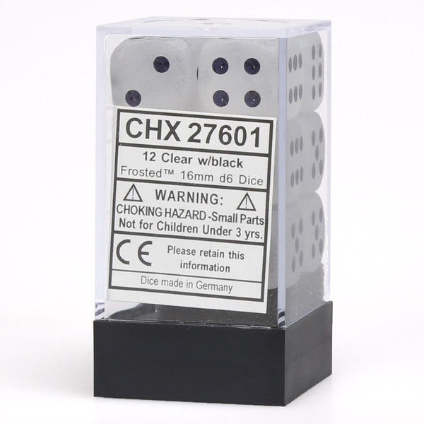 Chessex Manufacturing D6 Cube Frosted Clear Black Dice Set 12 Pieces