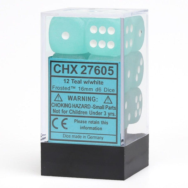 Chessex Manufacturing D6 Cube Frosted Teal White Dice Set 12 Pieces