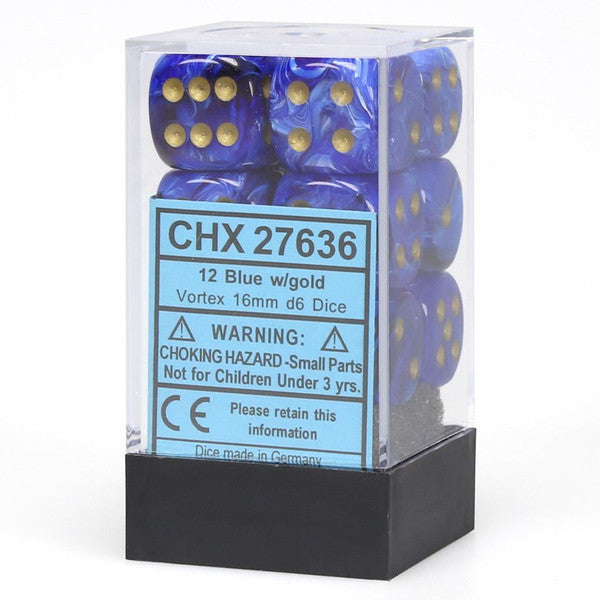Chessex Manufacturing Chx27636 Vortex Blue Gold 16mm D6 Cube 12 Main image