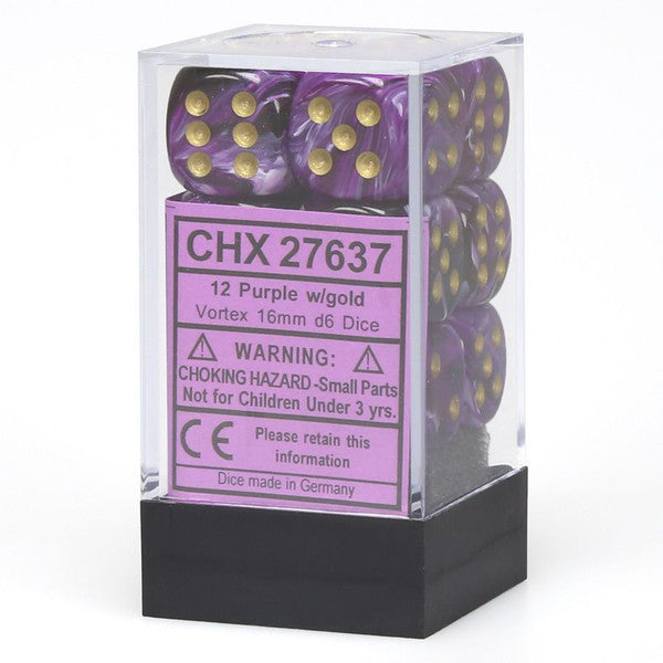 Chessex Manufacturing D6 Cube Vortex Purple Gold 16mm 12 Dice Set