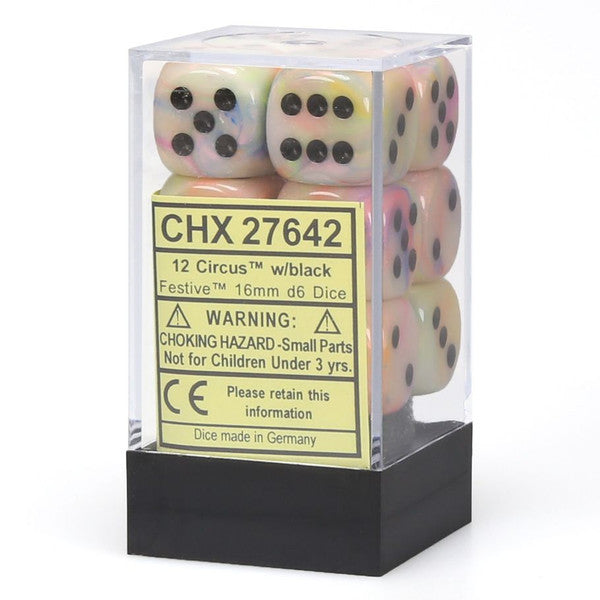 Chessex Manufacturing D6 Cube Festive Circus Black 16mm 12 Dice Set Main image
