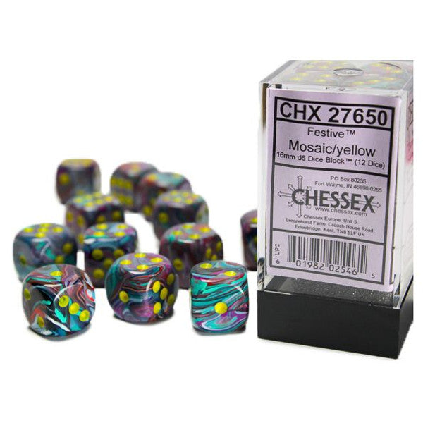 Chessex Manufacturing D6 Cube Festive Mosaic Yellow 16mm 12 Dice Set Main image
