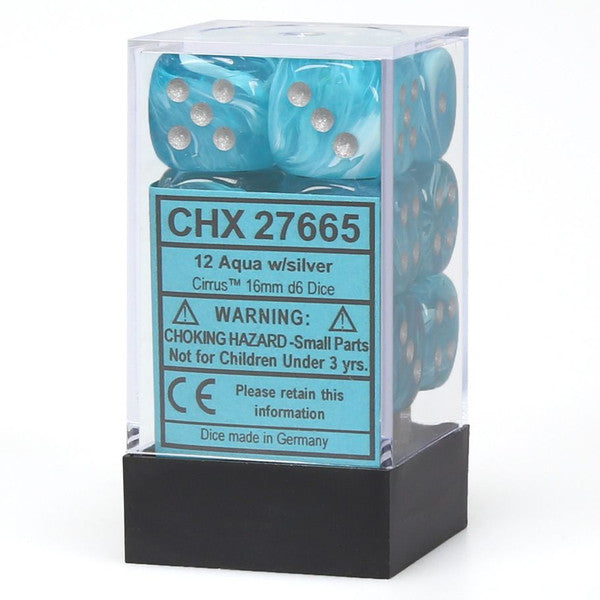 Chessex Manufacturing D6 Cube Cirrus Aqua Silver 16mm 12 Dice Set
