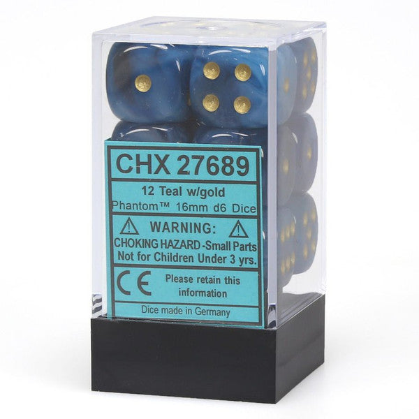 Chessex Manufacturing D6 Cube Phantom Teal Gold 16mm 12 Dice Set