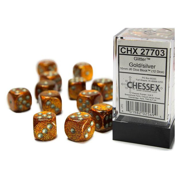 Chessex Manufacturing D6 Cube Glitter Gold Silver 16mm 12 Dice Set