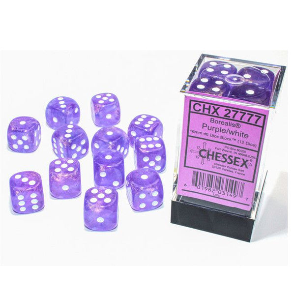 Chessex Manufacturing D6 Cube 16mm Borealis Luminary Purple White Dice Block 277 Main image