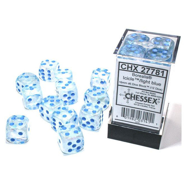 Chessex Manufacturing D6 Cube 16mm Borealis Luminary Icicle Light Blue Dice Bloc