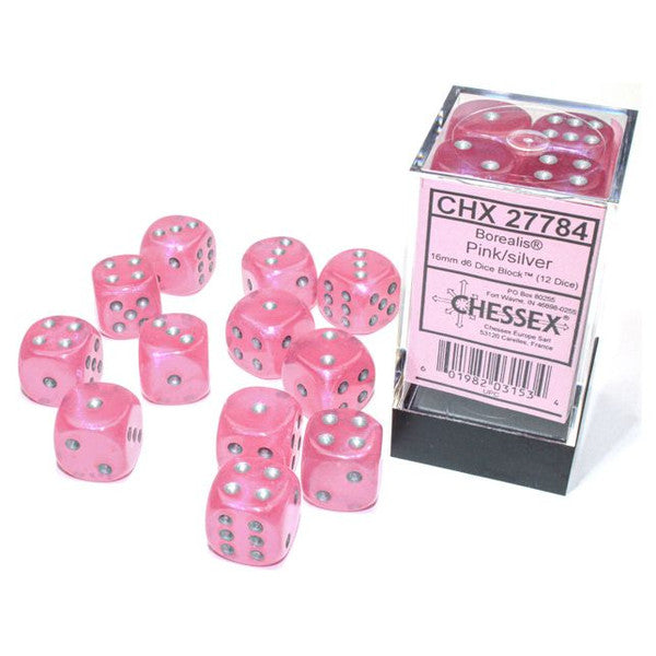 Chessex Manufacturing D6 Cube 16mm Borealis Luminary Pink Silver Dice Block 2778