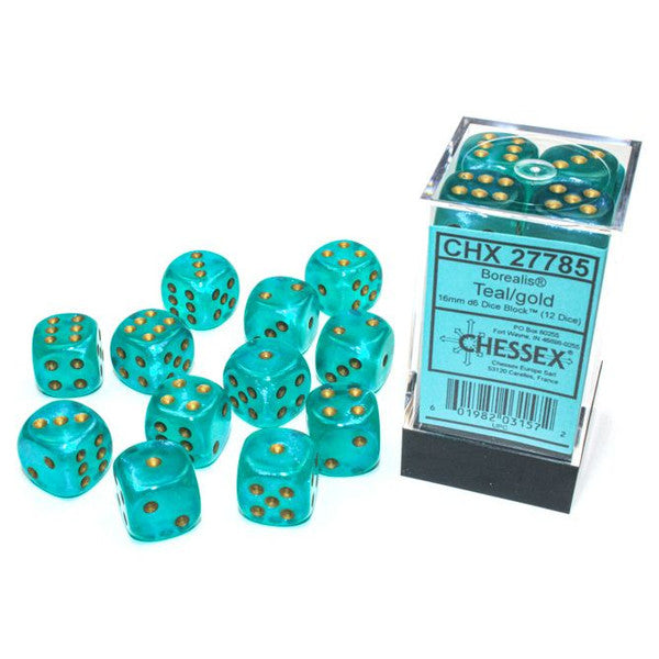 Chessex Manufacturing D6 Cube 16mm Borealis Luminary Teal Gold Dice Block 27785