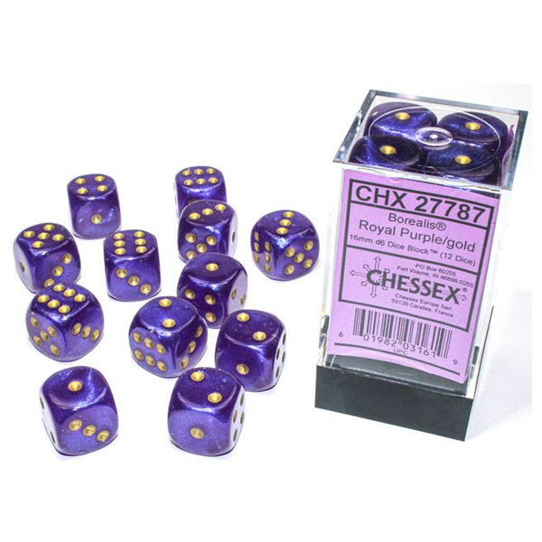 Chessex Manufacturing D6 Cube 16mm Borealis Luminary Royal Purple Gold Dice Bloc Main image