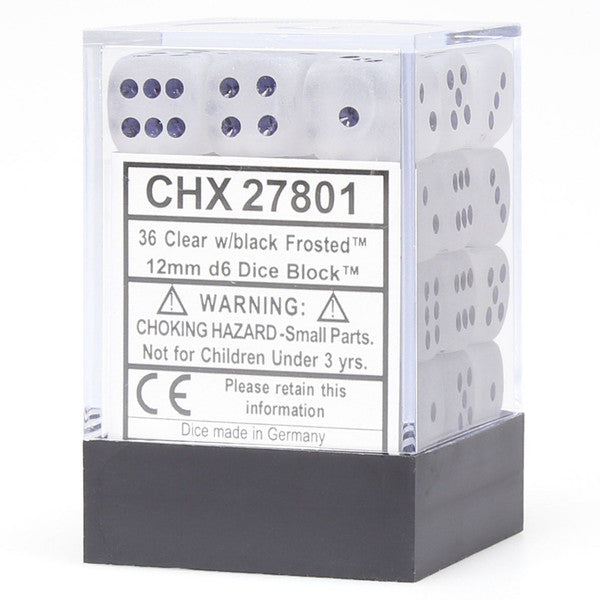 Chessex Manufacturing D6 Cube 12mm Frosted Clear Black Dice Set 36 Main image