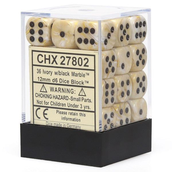 Chessex Manufacturing D6 Cube 12mm Marble Ivory Black Dice Set 36 Main image