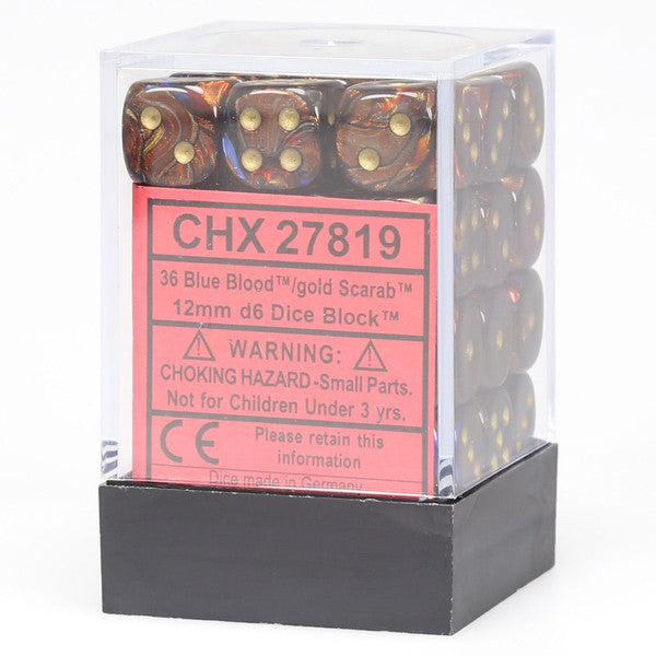 Chessex Manufacturing D6 Cube 12mm Scarab Blue Blood Gold Dice Set