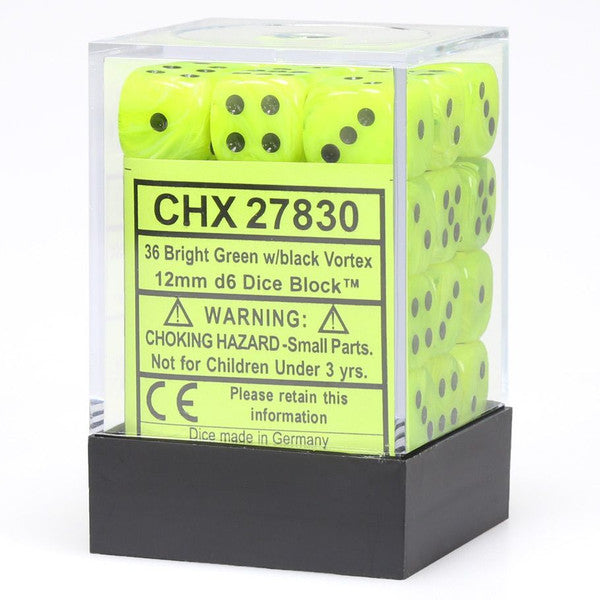 Chessex Manufacturing D6 Cube 12mm Vortex Bright Green Black Dice Set Main image