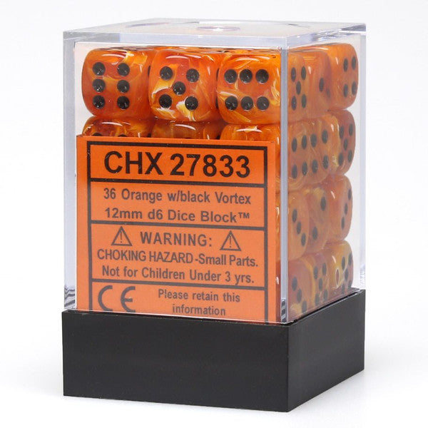 Chessex Manufacturing D6 Cube 12mm Vortex Orange Black Dice Set