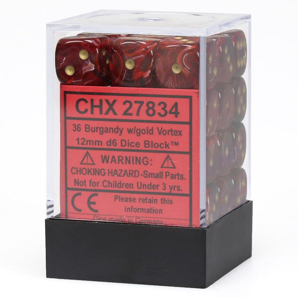 Chessex Manufacturing D6 Cube 12mm Vortex Burgundy Gold Dice Set
