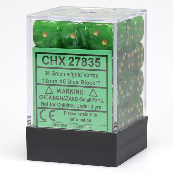 Chessex Manufacturing D6 Cube 12mm Vortex Green Gold Dice Set Main image