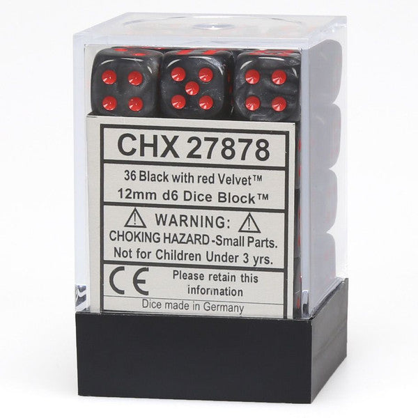 Chessex Manufacturing D6 Cube 12mm Velvet Black Red Dice Set