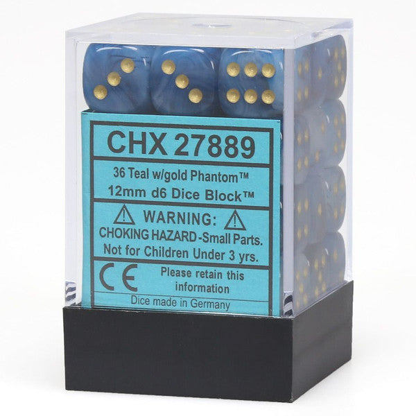 Chessex Manufacturing D6 Cube 12mm Phantom Teal Gold Dice Set