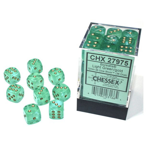 Chessex Manufacturing Borealis Luminary Dice Green Gold 12mm D6 Cube 36 Main image
