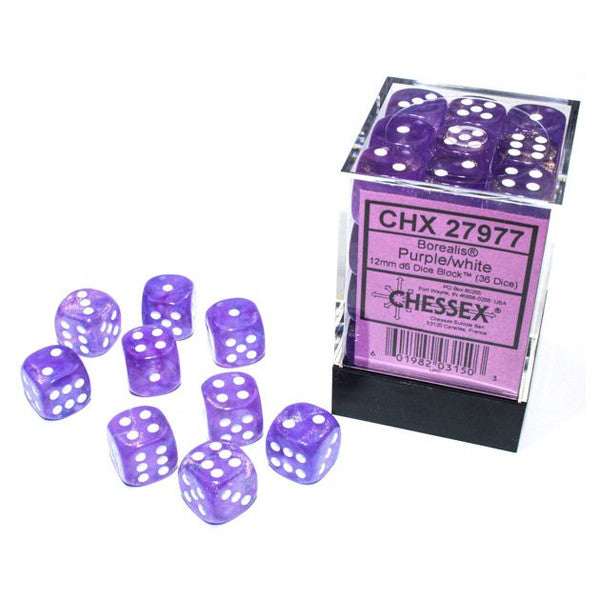 Chessex Manufacturing Borealis Luminary Dice Purple White 12mm D6 Cube 36